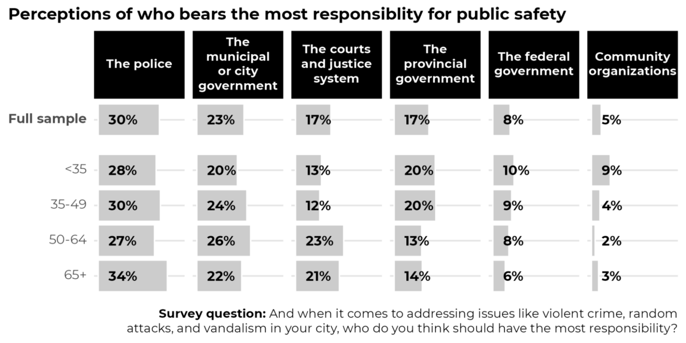 Data visualization showing perceptions of who bears the most responsibility for public safety among different age groups.
