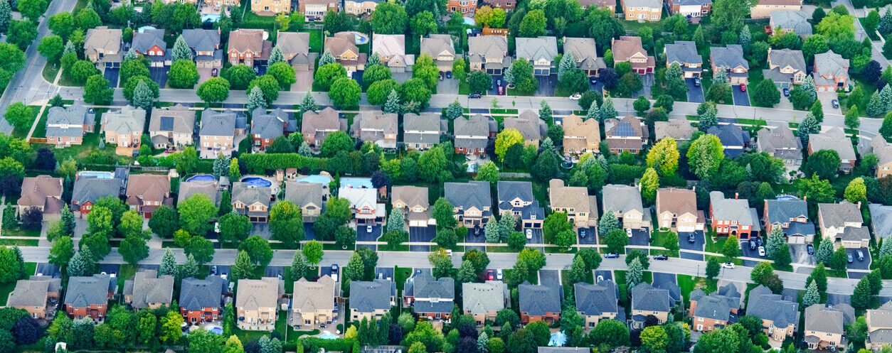 Aerial view of houses in residential suburb, Toronto, Ontario, Canada.