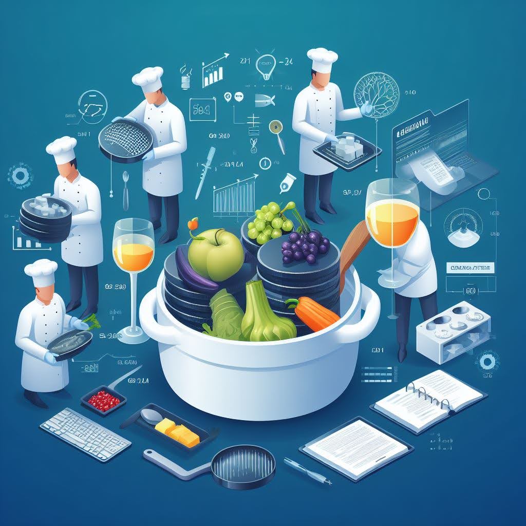 A cooking pot symbolically holds a mixture of data, fruits, and vegetables. A team of chefs/Data engineers gathered around the pot illustrate the analogous process of preparing food /data.