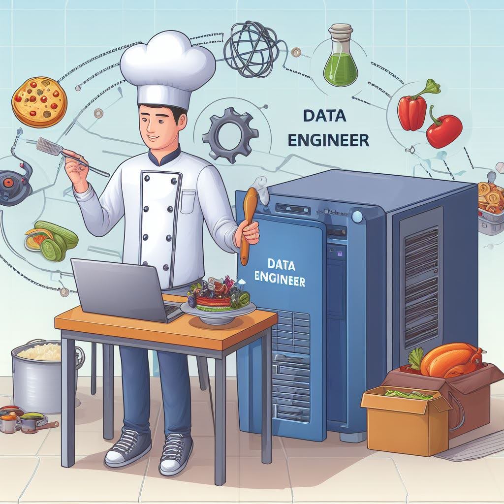 Chef with utensils in his hands stands facing a laptop on a table with a data server labelled “Data Engineer” behind him while food and science-related objects move around him.