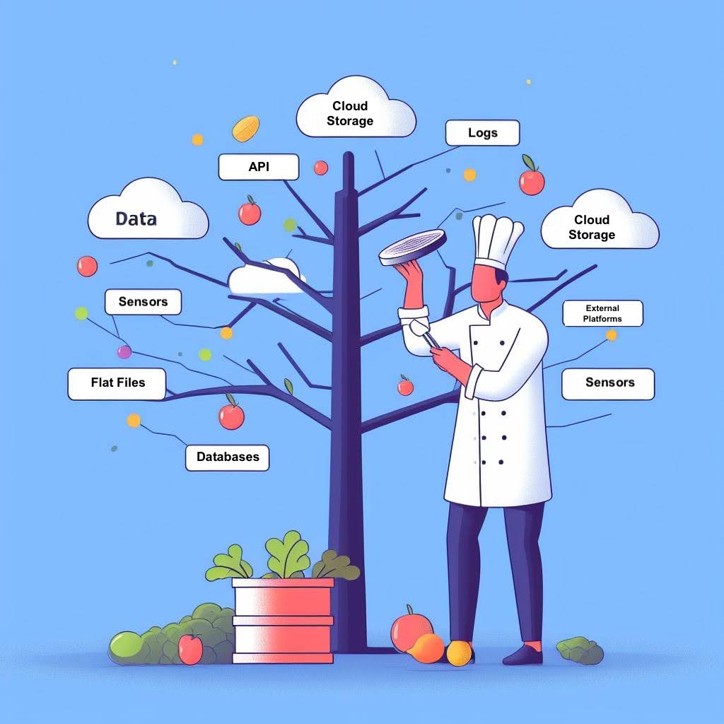 Chef with utensils in his hands stands under a tree of fresh data (data sources keywords and fresh foods), picking fresh data from different data sources (API, Sensors, Databases, etc).